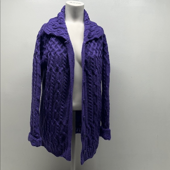 Aran Crafts Cardigan Sweater 100% Merino Wool Knit Button Down Purple Medium - Picture 2 of 9